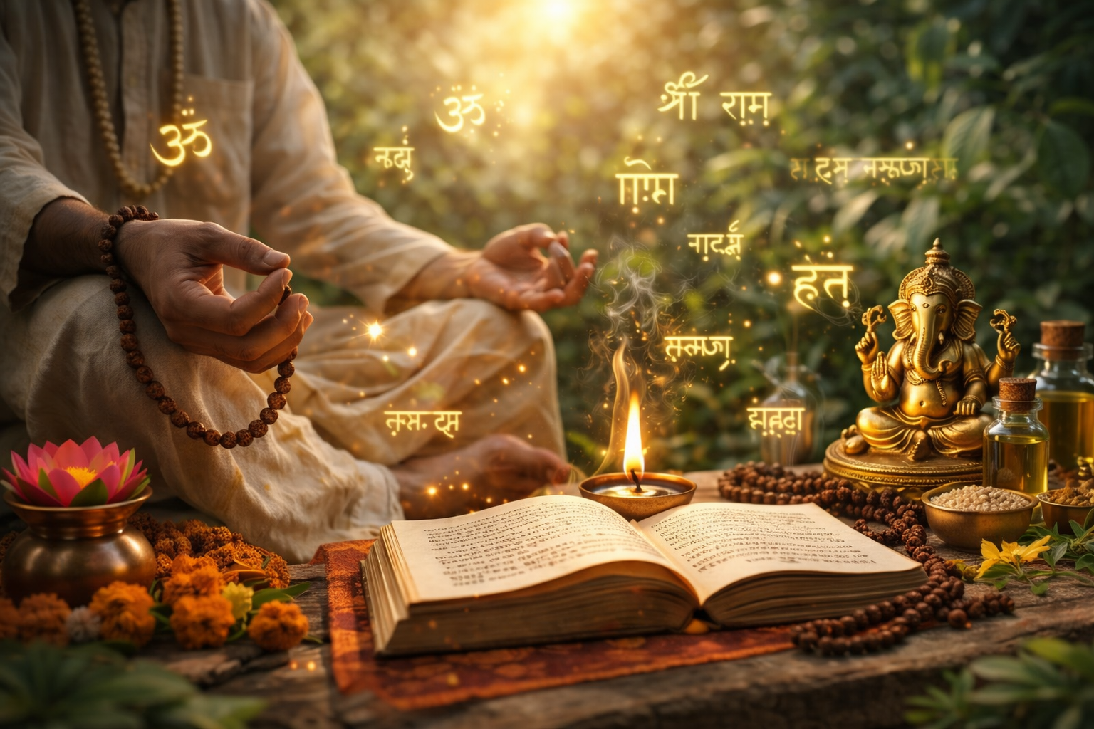 Mantra Chikitsa Banner - Meditation in Golden Garden